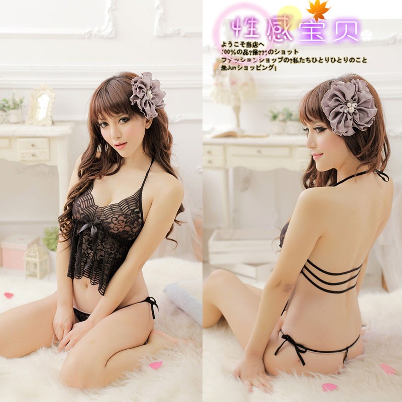 Sexy transparent gauze lace decoration transparent halter-neck women's bellyached thong lounge