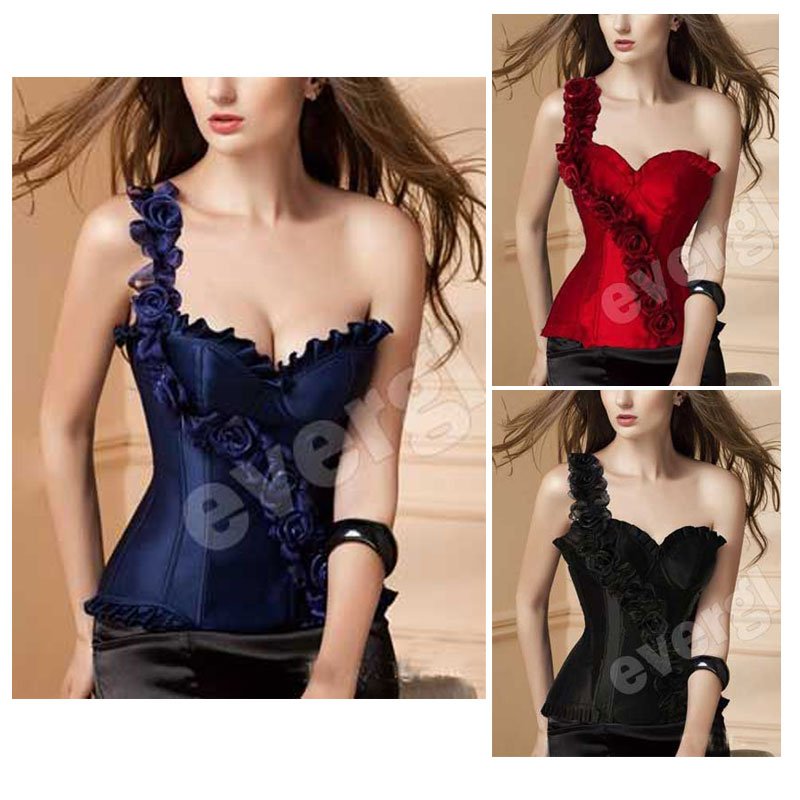 Sexy Underwire one shoulder strap Corset Bustier Floral Embellishments G-string