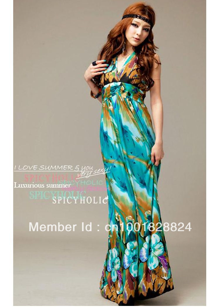 sexy  v-neck beach dress women printed Bohemian long maxi dress  free shipping