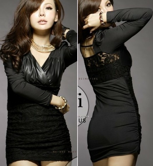 Sexy V-neck lace leather mosaic slim hip skirt one-piece dress