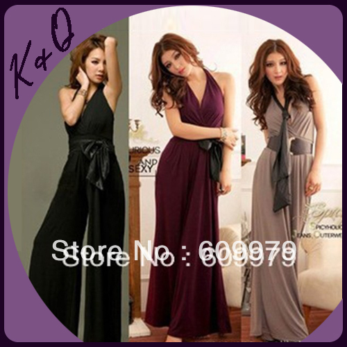 Sexy V-neck one-piece dress pants jumpsuit halter-neck belt sexy trumpet wide leg pants skirt jumpsuit