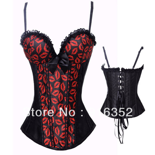Sexy Vintage Lace up Red Satin Corset Bustier TOP Underwire Bra Garters S-2XL Free Shipping