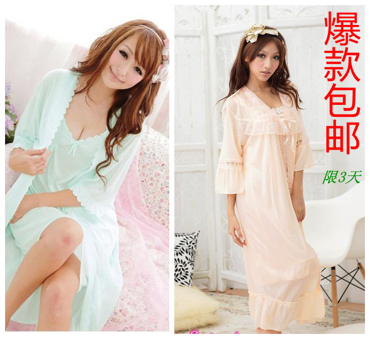 Sexy viscose sleepwear twinset lace princess faux silk spaghetti strap nightgown robe female lounge