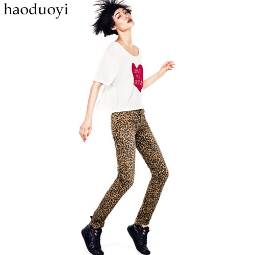 Sexy water wash leopard print skinny pants tight high elastic jeans pencil pants trousers 6 full