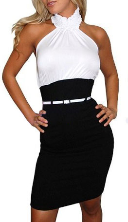 Sexy White Black Club Dress Lace Neckline Stretchy Slim one-piece Mini Dress with belt 2410 Free Shipping