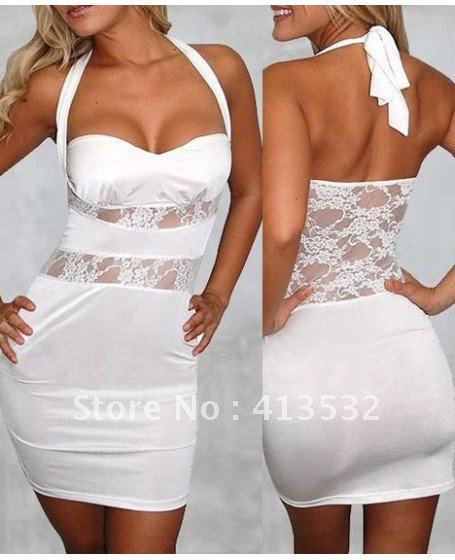 Sexy White Halter Mini Dress Clubwear-56143
