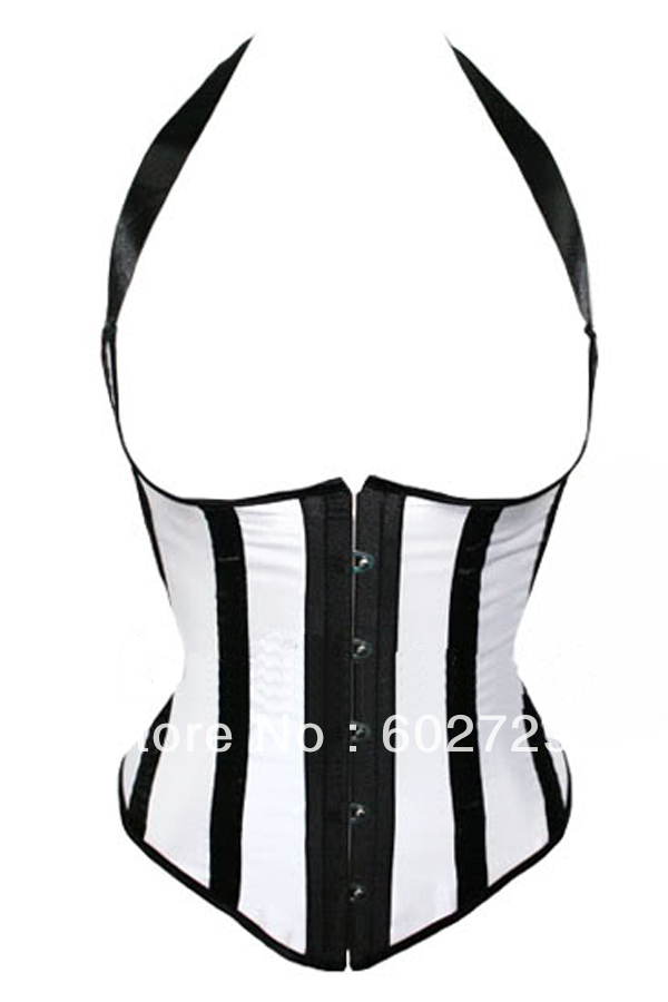 Sexy White with black stripe halter boned lace up satin underbust corset bustier steel busk front dropshipping S-2XL