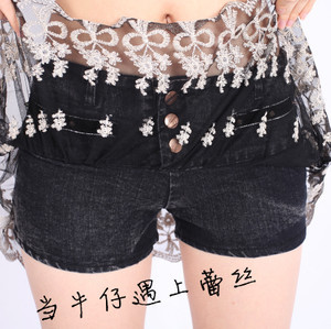 Sexy woman lace denim shorts