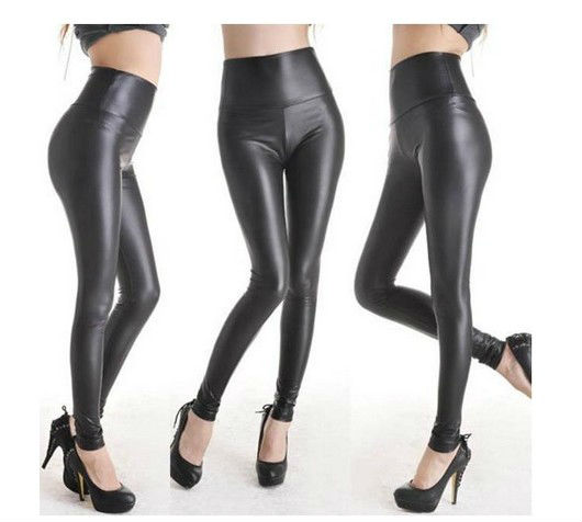 Sexy woman's Black Faux Leather Wet Look Vinyl Punk Goth Tight High Leggings Stockings Free shipping 8001