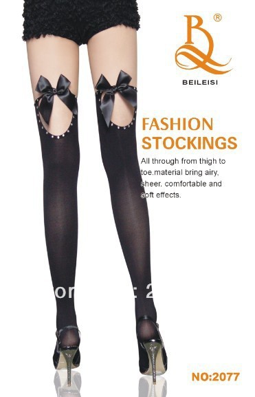 Sexy Women Black Sheer Plain  Top Thigh-High Stockings With Bow