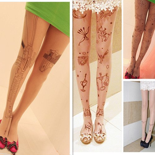 Sexy Women Gun Cat Tattoo Pattern Transparent Pantyhose Stockings Tights Legging[040246]