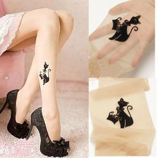 Sexy Women Gun Cat Tattoo Pattern Transparent Pantyhose Stockings Tights Legging 10pairs/lot ST789 Free Shipping
