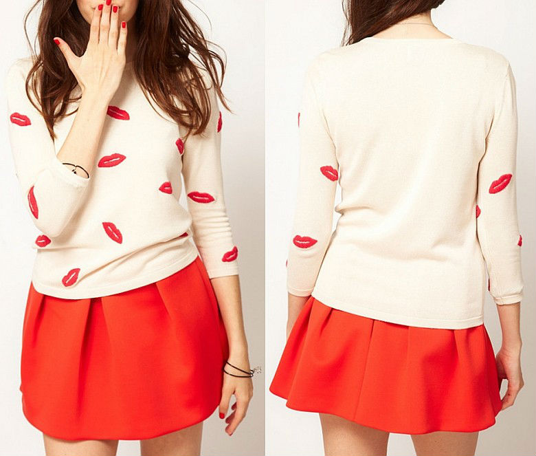 Sexy Women kiss Lips Print Scoop Neck Knitted Sweater Jumper Top Blouse Knitwear Free Shipping Wholesale