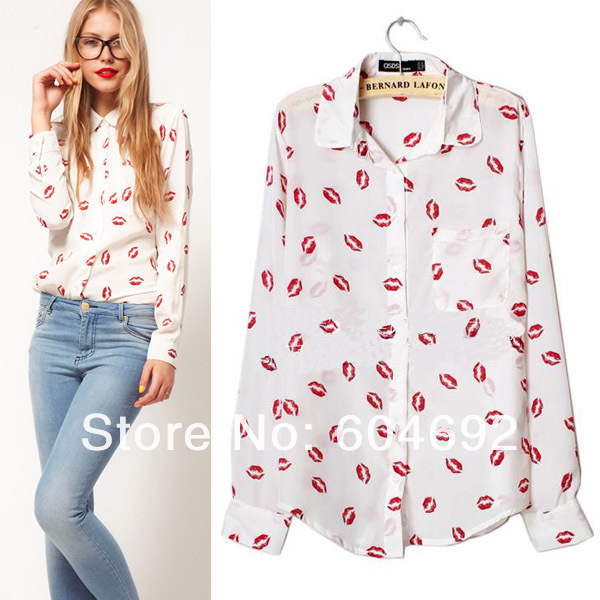 Sexy Women Kiss Printed Button Down OL Shirt Collared Chiffon Long Sleeve Blouse CY0397