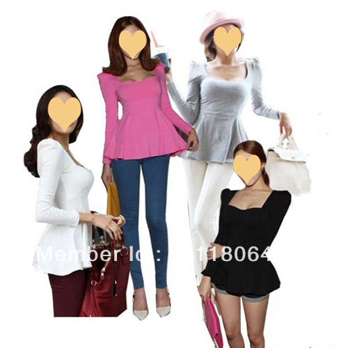 Sexy Women Korean Style Sweetheart Collar Long Sleeve Slim Waist Skirt Tops Casual Ruffled Blouse WS104