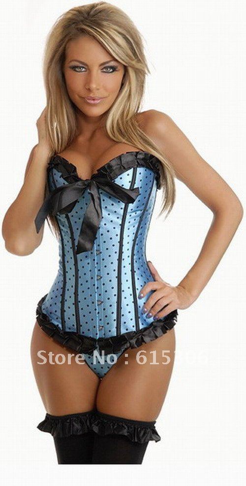 Sexy Women Lace Up Bustiers Polka Dot Corset Waist Cincher Overbust Party Costumes G-string tutu Dress