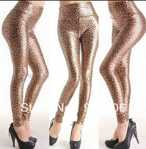 Sexy Women Leopard Faux Leather Stretch High Waisted Tight Pants Leggings