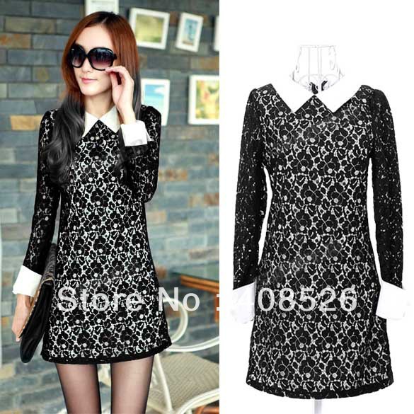 Sexy Women Long Sleeve Lace Dress Flower Slim Bag-hip Over-hip Skirt Black with White free shipping 8260