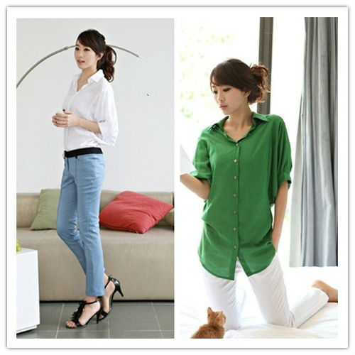 Sexy Women's Batwing Sleeve Shirt Loose Top Turn-Down Collar Blouse 2Colors 3745