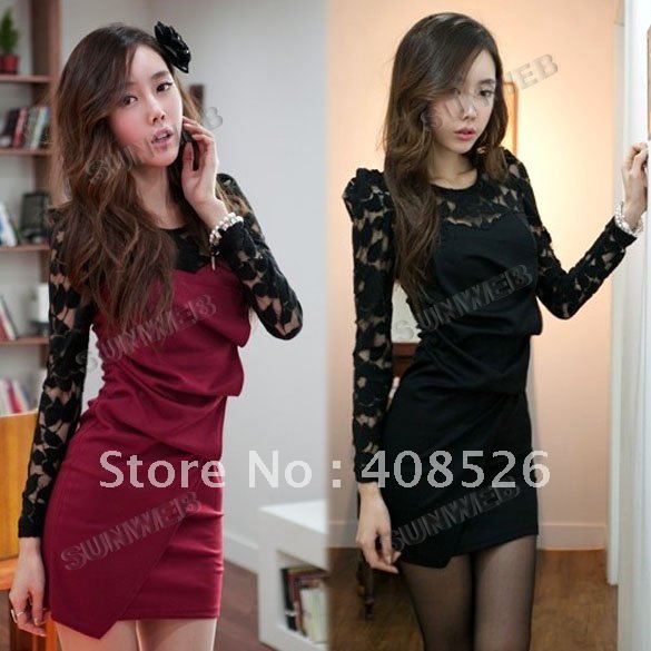 Sexy Women's Long Sleeve Round Neck Lace Dress Black, Red free shipping 7483