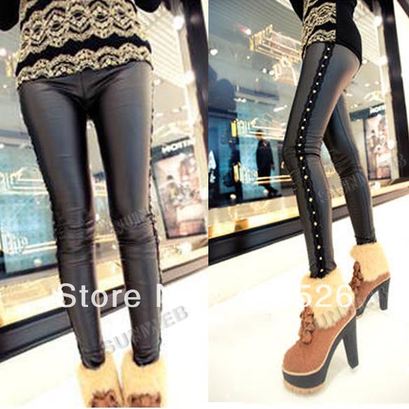 Sexy Women's Side Rivets Imitated Leather Legging Tights Skinny Pencil Pants Black free shipping 8782