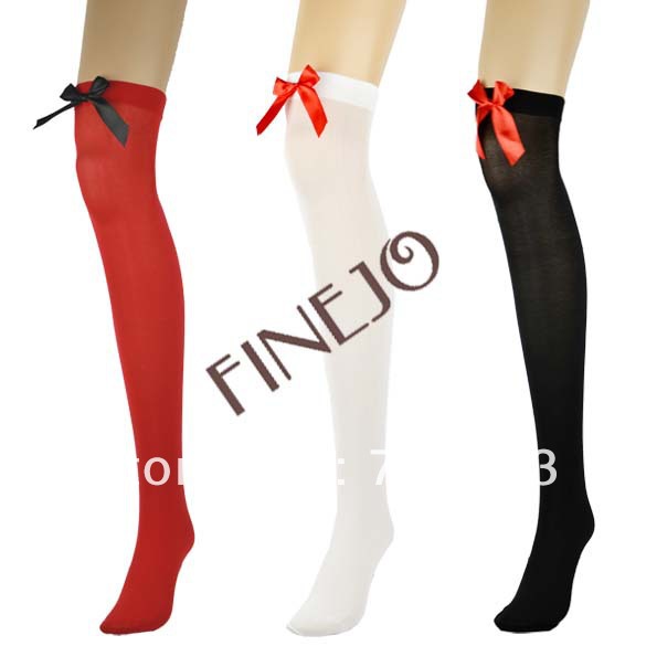 Sexy Women's Silk Lace Knee Bows Socks Thigh High Stockings 3 Colors Free shipping 8195