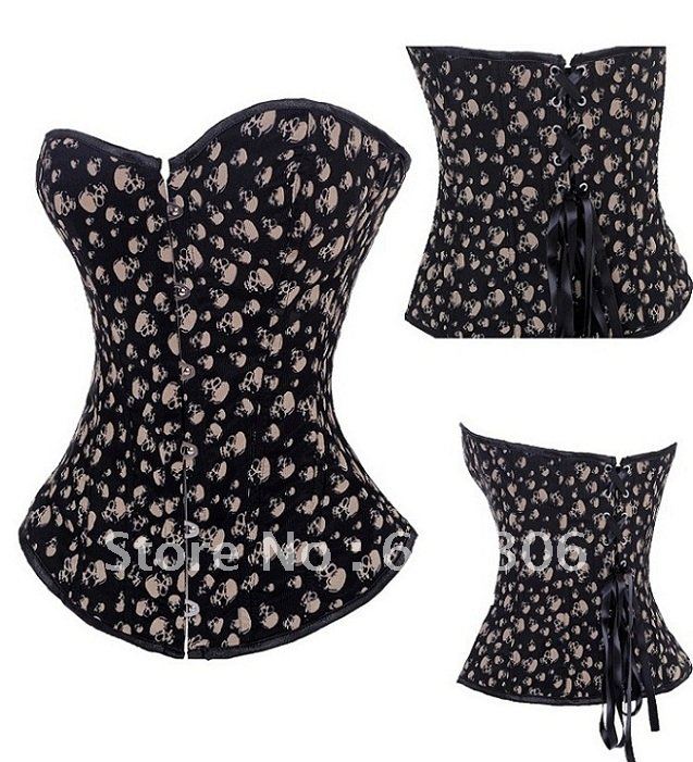 Sexy Women Skull Heads Print Lace Up Boned Bustiers Corset Burlesques Overbust Party Costumes Set