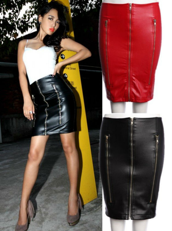 Sexy Women Vtg High Waist Punk Zip Front Faux Leather Wiggle Fitted Pencil Skirt Free Shipping Wholesale