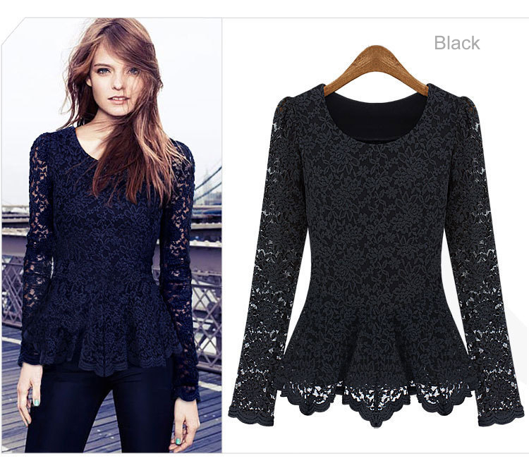 Sexy Womens European Fashion Long-sleeved Crewneck lace Dress Shirt Colors