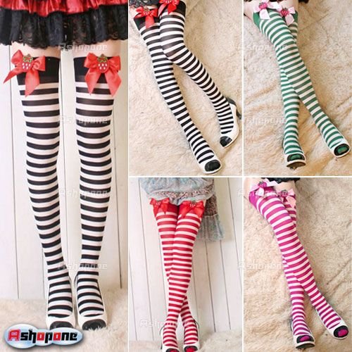 Sexy Womens Striped Strawberry Bow Thigh High Socks Stockings