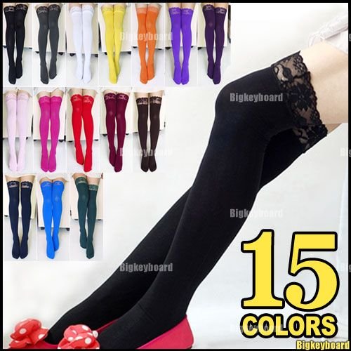 Sexy Womens Thick Lace Top Opaque Thigh High Stockings 15 Colors Free Shipping