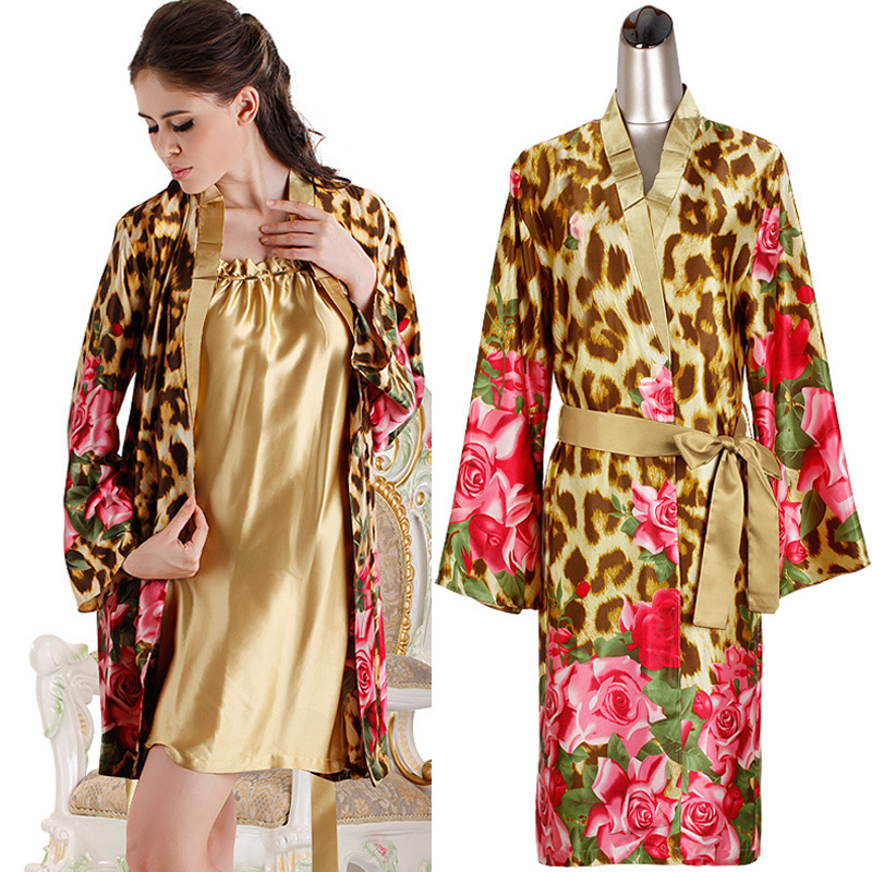 SG 2012 autumn sleepwear female luxury sexy long-sleeve leopard print spaghetti strap nightgown robe set lounge