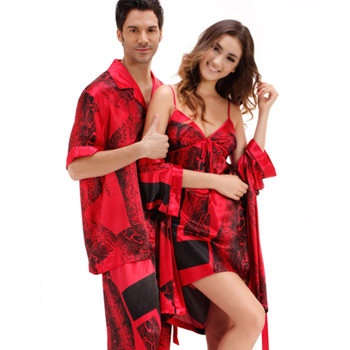 SG Lovers sleepwear set ,man silk pajamas set, ladies sexy spaghetti strap dress nightgown robe 2piece set marry red lounge