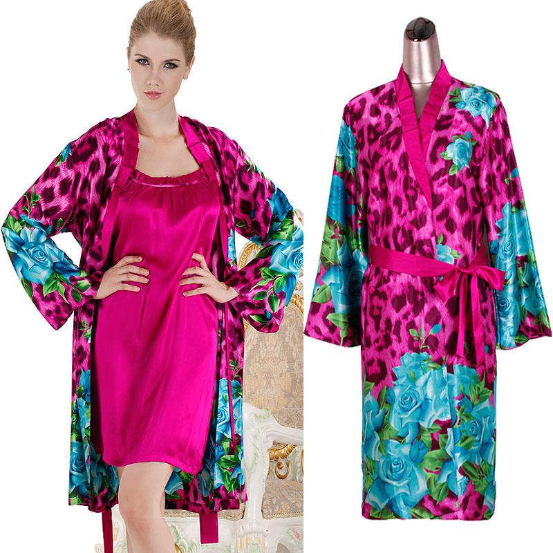 SG Sexy leopard print long-sleeve robe female silk purple spaghetti strap sleepwear nightgown twinset lounge