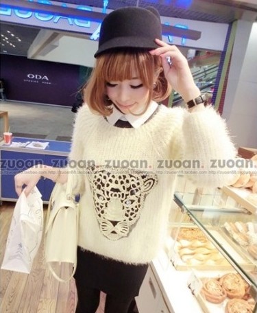 Shaggier mohair leopard head thickening loose o-neck pullover sweater female