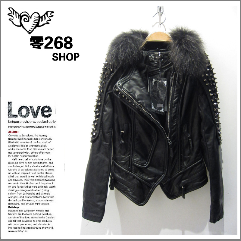 Shalang raccoon fur fashion punk rivet motorcycle fur coat leather clothing outerwear