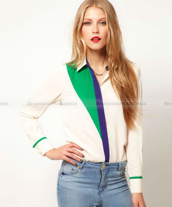 Shanghaimagicbox New Fashion Women Mix Contrast Colors Shirt Top Blouse Free shipping WSHT349