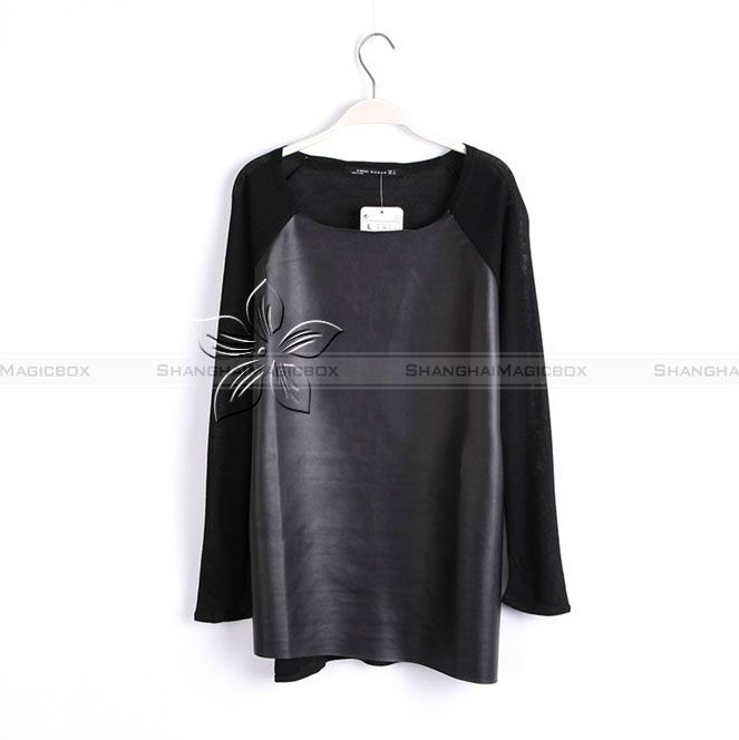 Shanghaimagicbox Women Fashion Faux Leather Splice Long Sleeve T Shirts Top 4 Colors WTS010