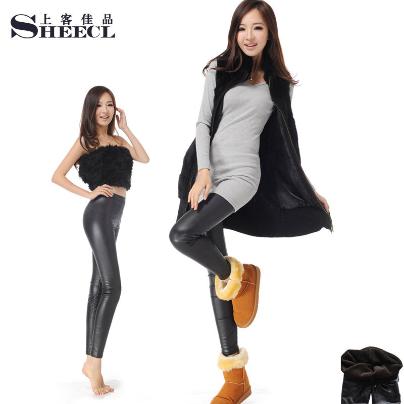 Sheecl ultra elastic boot cut jeans faux leather pants female trousers spring and winter thickening slim 2013 plus velvet tight