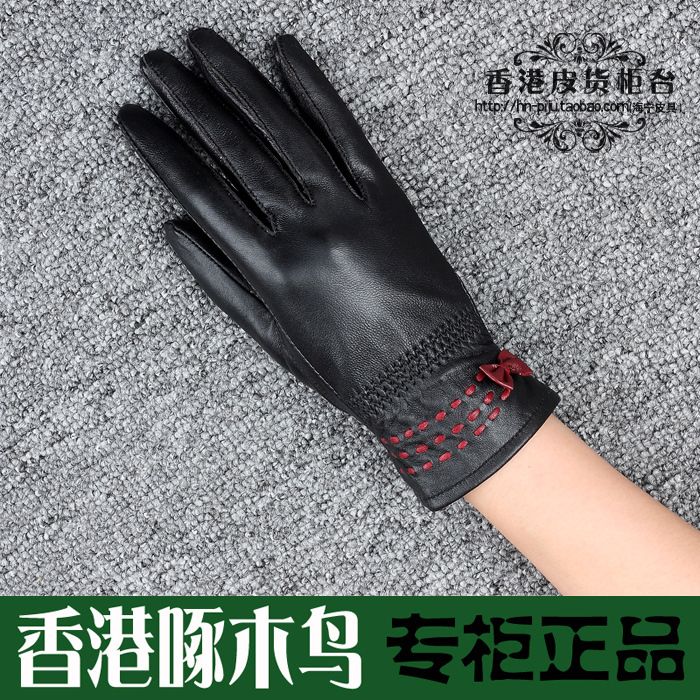 Sheepskin bow genuine leather women's autumn and winter single leather gloves thermal FREE SHIPPING