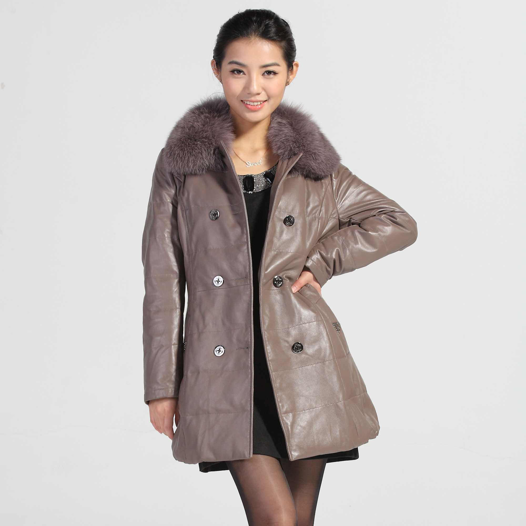 Sheepskin fox fur genuine leather women's down leather overcoat thermal casual leather clothing leather e2021