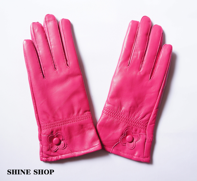 Sheepskin genuine leather classic women's gloves thermal windproof plus velvet rose