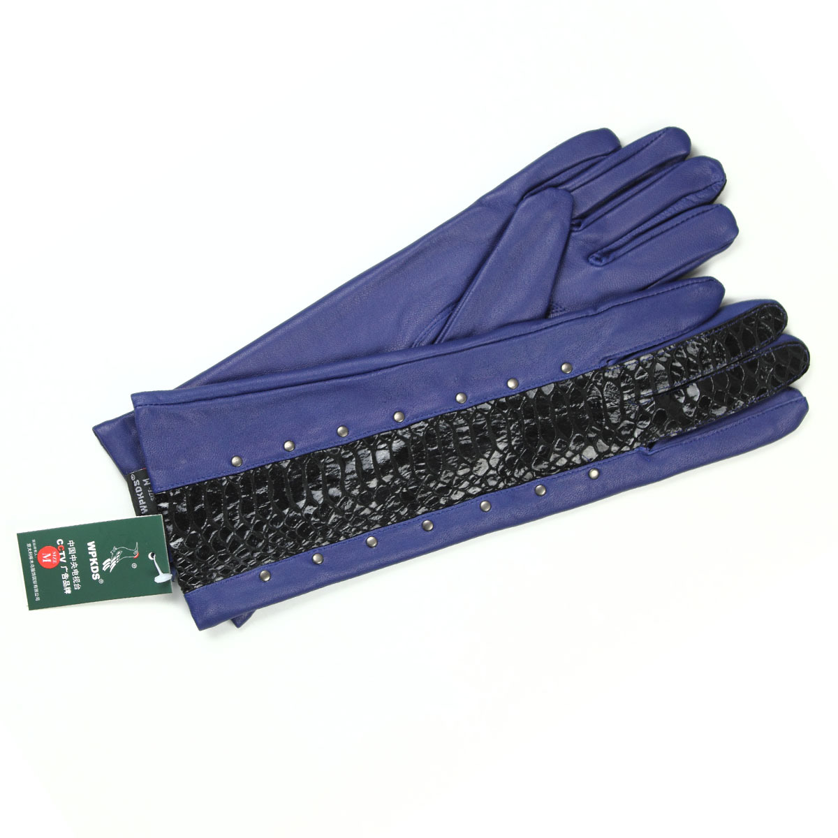 Sheepskin genuine leather gloves rivet color block decoration winter oversleeps female long design