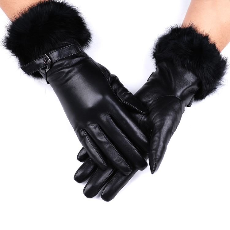 Sheepskin gloves female winter fashion thermal women's rabbit fur genuine leather gloves cotton