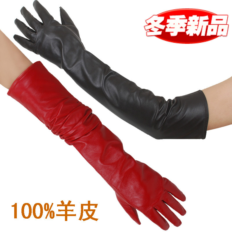 Sheepskin gloves long design female winter sheepskin women's thin thermal genuine leather fashion gloves
