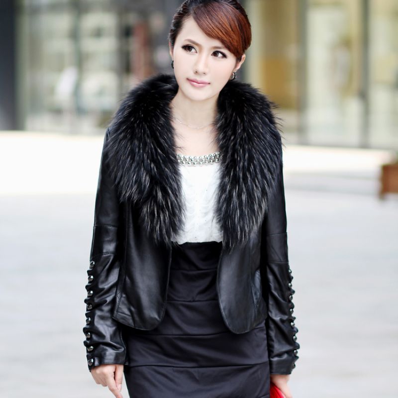 Sheepskin raccoon fur genuine leather clothing women's slim leather clothing mf12229