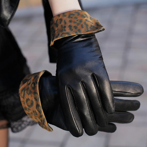 Sheepskin sexy leopard print wool genuine leather gloves women's
