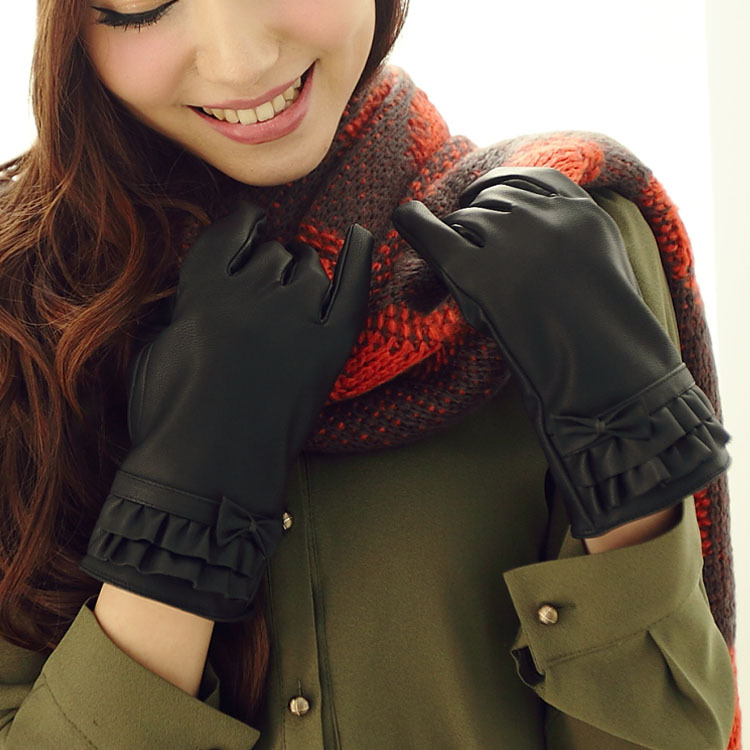 Sheepskin women's gloves bow skirt faux leather gloves elegant thermal