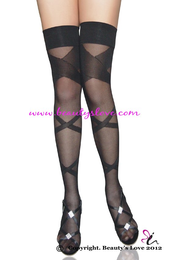 Sheer thigh highs with opaque woven criss cross,Sexy Stockings wholesale retail sexy hosiery Item NO.:B 2080