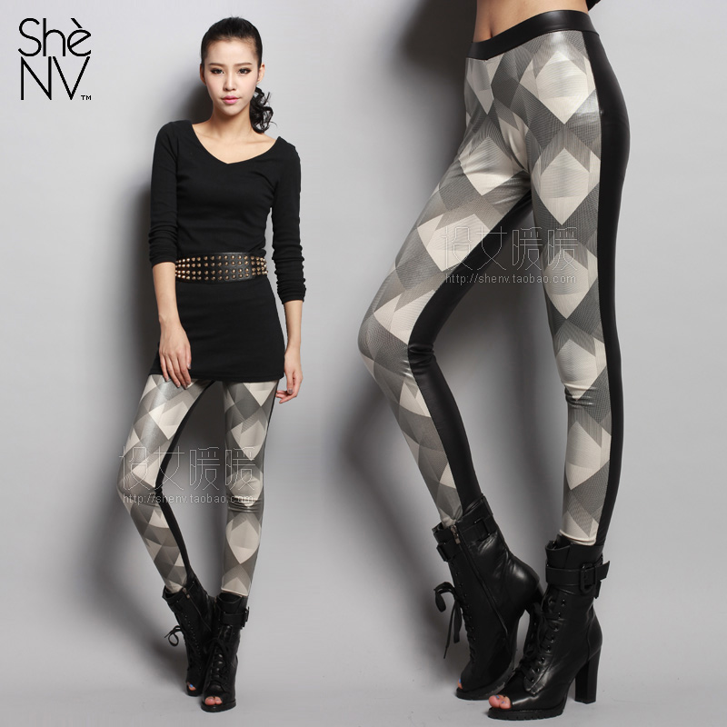 Shenv fashion geometric figure print faux leather pants before and after the trend of patchwork legging female spring and autumn